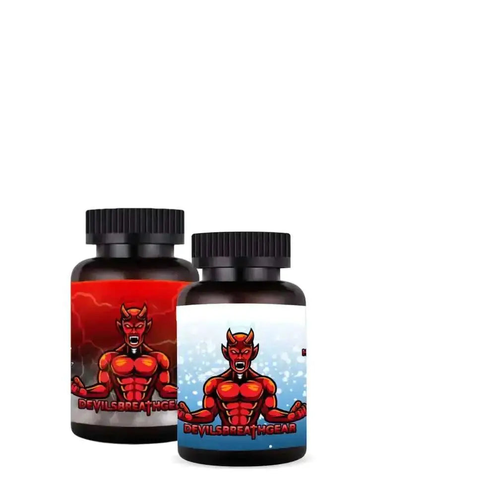 Two Devils Breath Gear supplement bottles featuring red devil mascot designs