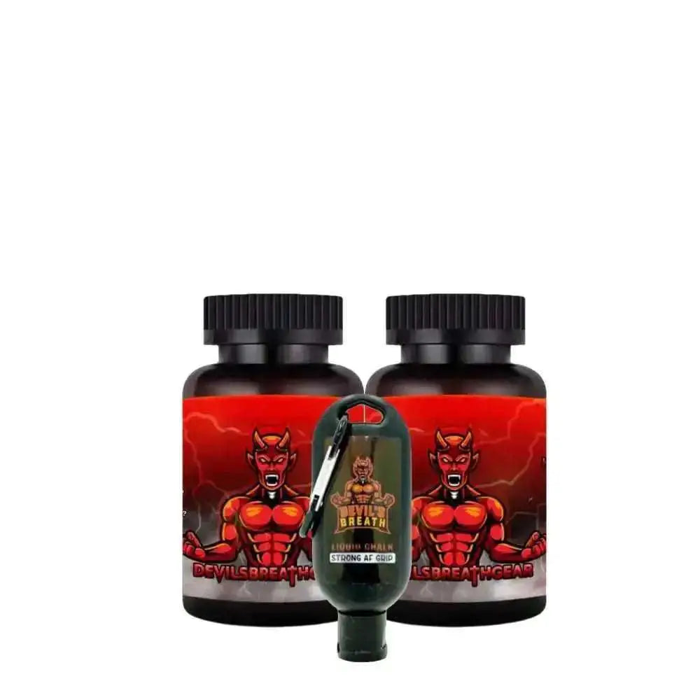 Three black bottles with red labels featuring a muscular devil in the Devil’s Breath Gear combo