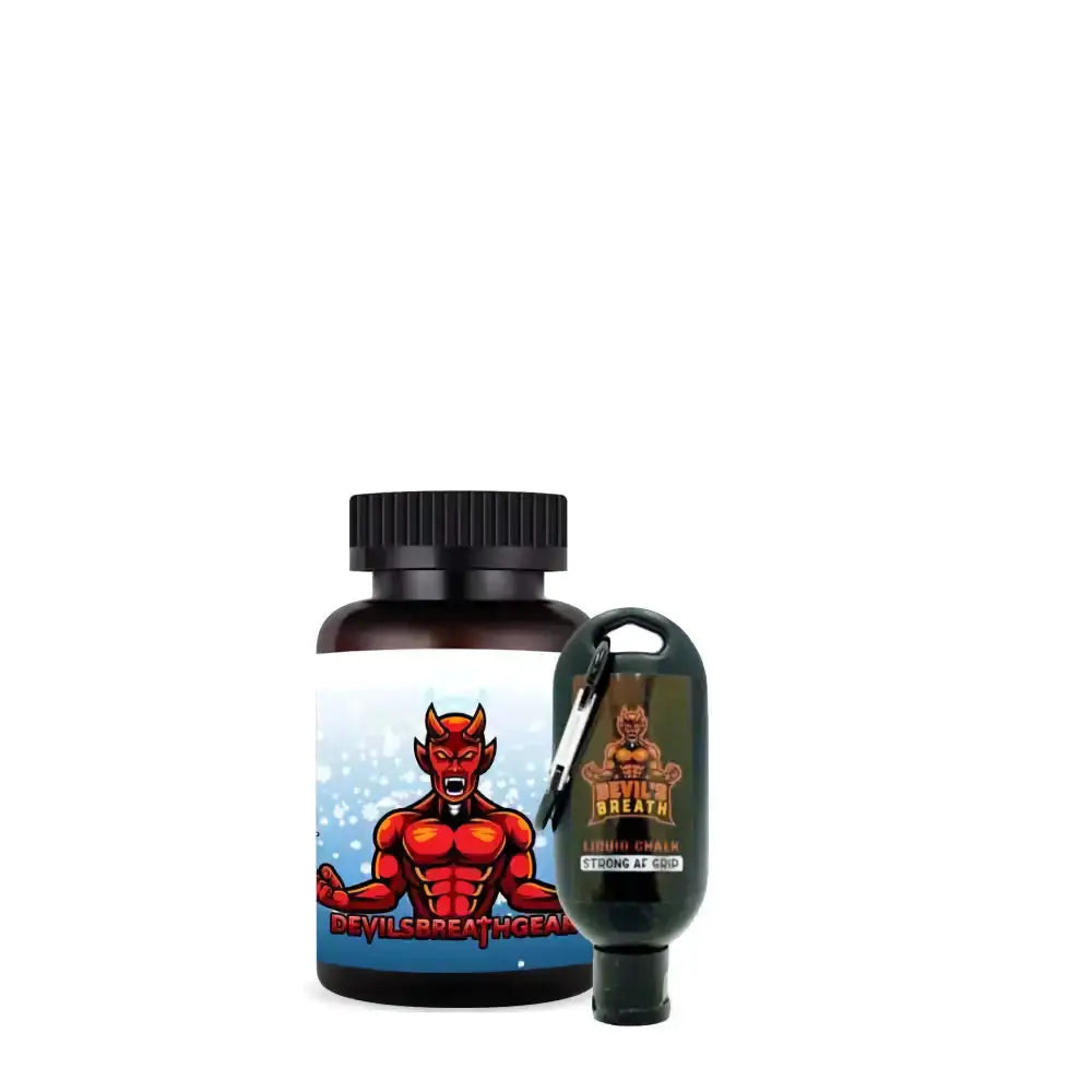 Dark supplement bottle with red devil label next to hand sanitizer for Devil’s Breath Gear