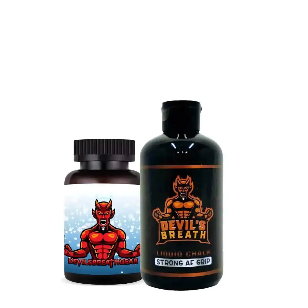 Two Devil’s Breath supplement bottles with demon logos for liquid chalk and menthol smelling salts