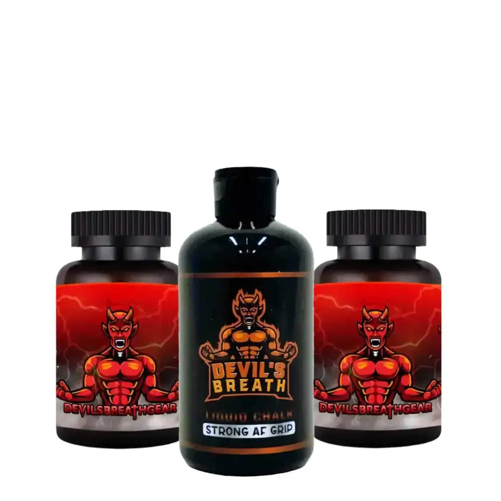 Three supplement bottles for Devil’s Breath Gear Smelling Salts and Liquid Chalk Combo