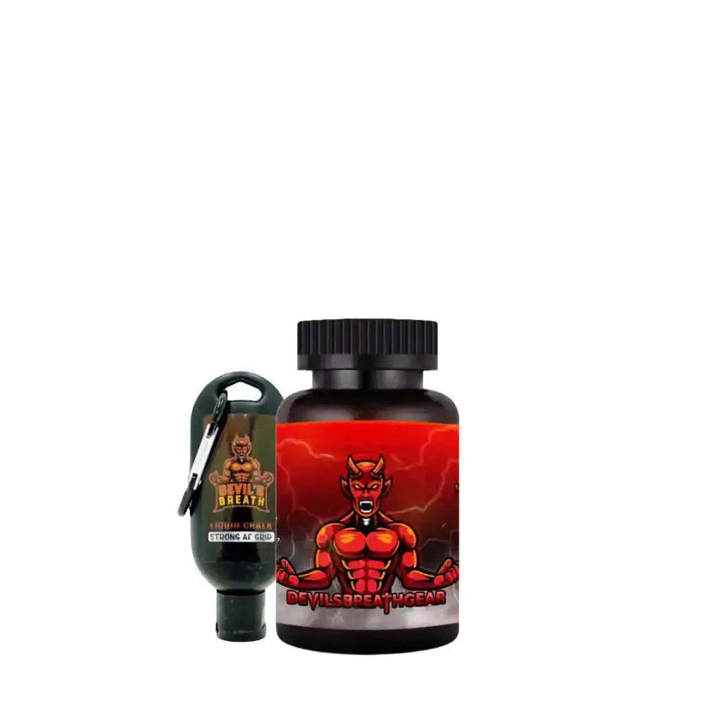 Black supplement bottle with red devil design and hand sanitizer for Devil’s Breath Gear Smelling Salts and Liquid Chalk Combo