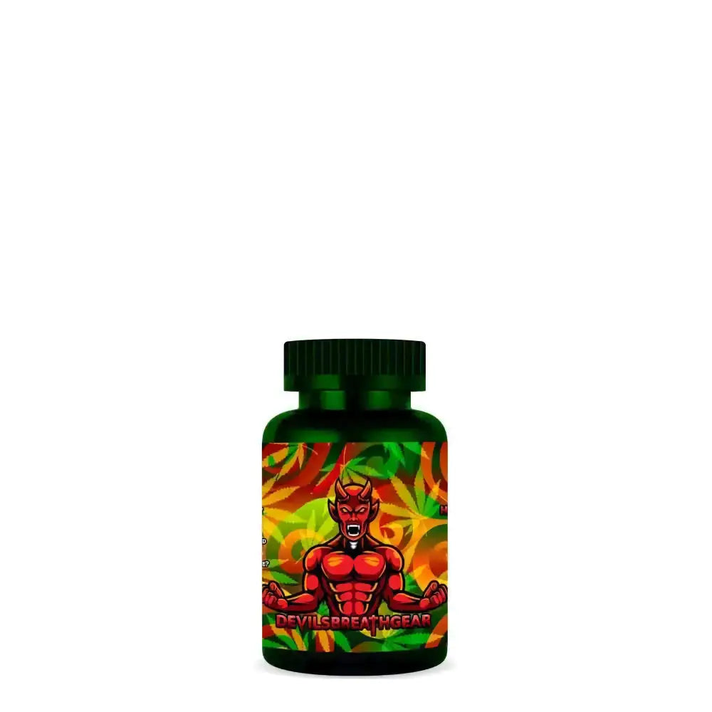 Dark green Devil’s Breath Gear Smelling Salts bottle with red demon label on orange swirl