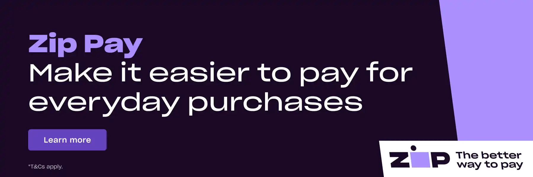 Purple and white promotional banner for Zip Pay with text about making everyday purchases easier.